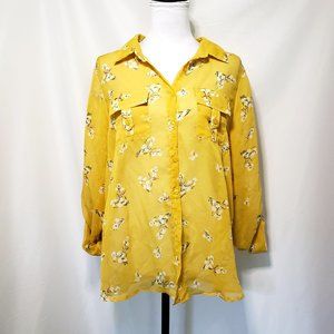 NWT Mustart Yellow Sheer Floral Boho Blouse - Button Up Bella D Brand from Ross